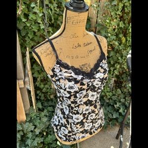 White House Black Market Rose-Print Lace Trim Cami